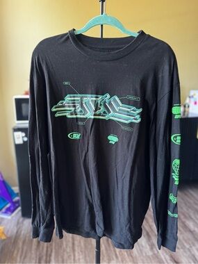 Primark Black Long Sleeve Tee with Neon Green Graphic